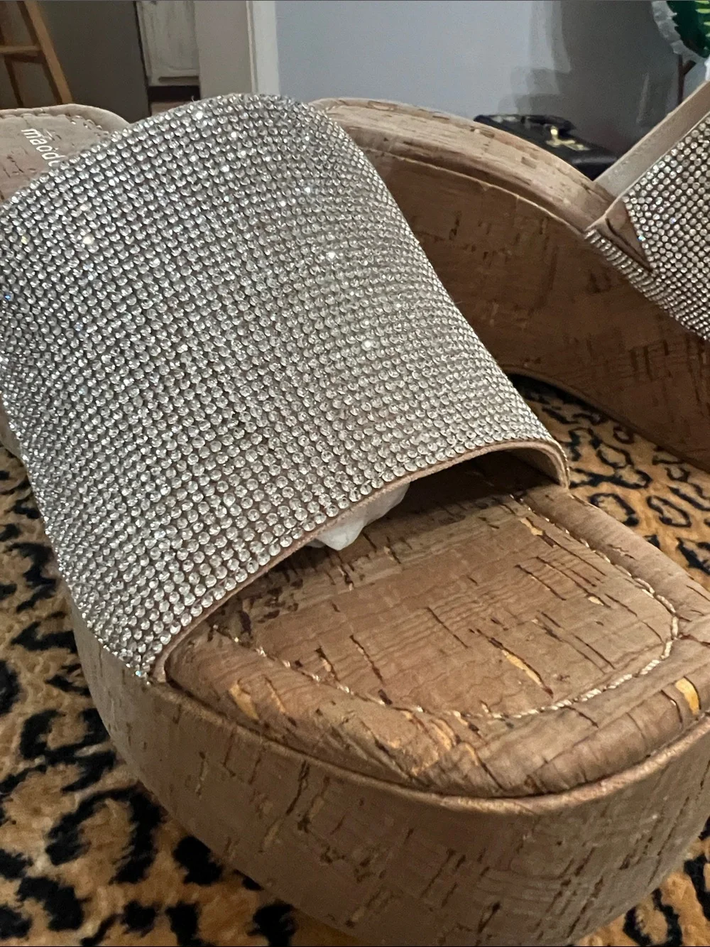 Madden Girl Tan Cork Platform Slides with Sparkle Crystal Strap